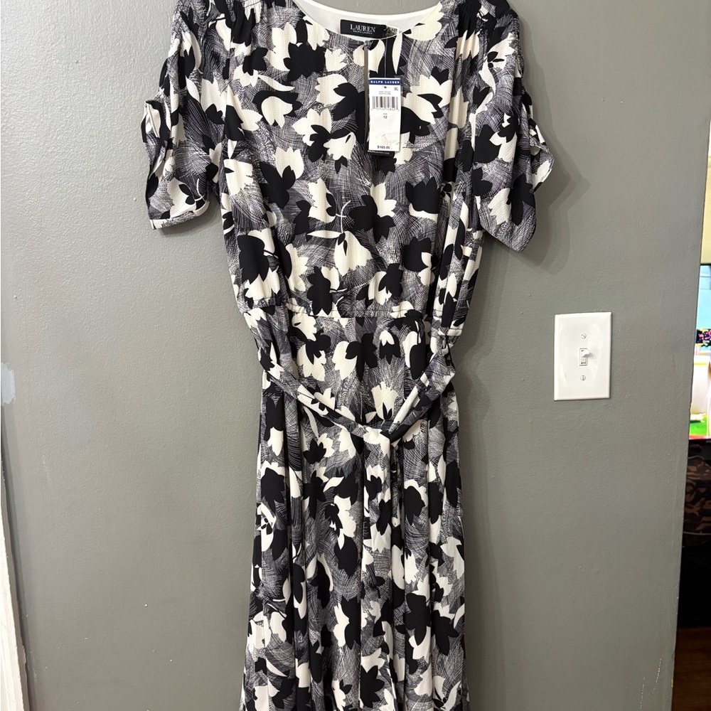 Lauren Ralph Lauren Black & White Floral Midi Dress with Belt